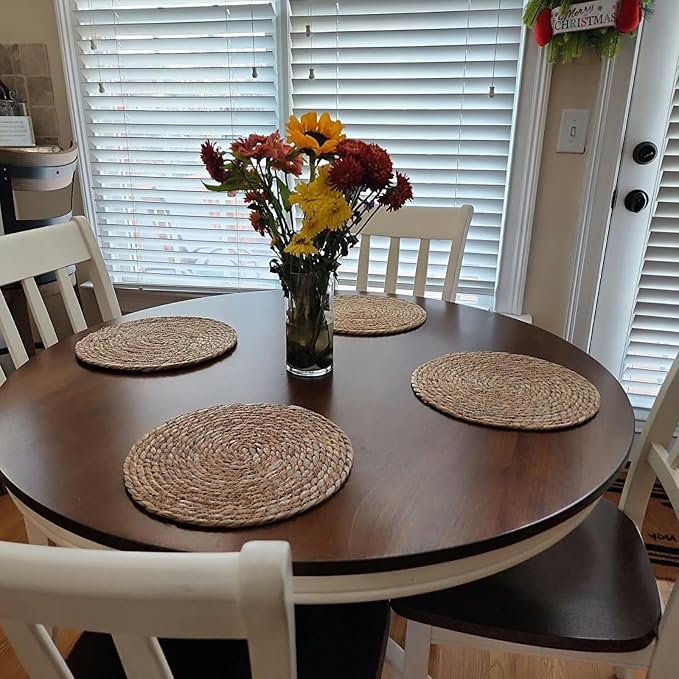15 inch Round Woven Placemats Set of 4, Boho Rattan Natural Hand-Woven Water Hyacinth Placemats, Chargers for Dinner Plates, Farmhouse Weave Place Mats, Rustic Wicker Table Mats Decor for Home,Wedding