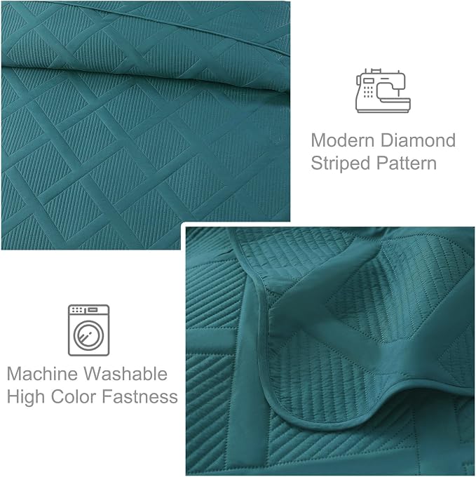 Exclusivo Mezcla Quilt King Size, Teal | Soft Bedspreads with 2 Pillow Shams, Modern Striped Pattern, Lightweight Bedding Set Coverlets for All Seasons, 104x96 Inch