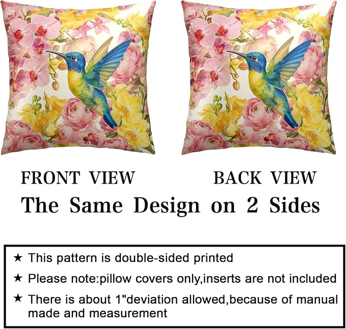 Spring Pillow Covers 16x16 Set of 2 Pink Yellow Moth Orchid Buttercup Floral Pillow Case Hummingbird Throw Pillow Covers for Home Decor Couch Sofa