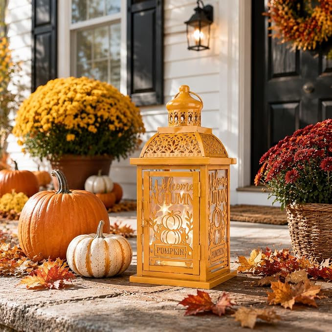 NEEDOMO Fall Decorations for Home, Decorative Candle Lantern for Tabletop Mantel Decor, Vintage Metal Lantern Candle Holders for Indoor Outdoor Decor, Halloween,Thanksgiving,Autumn(Pumpkin)
