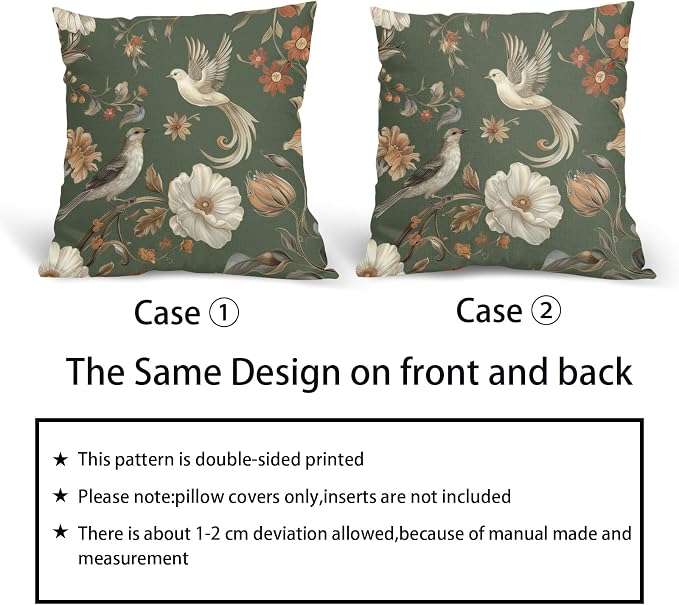 Kawani Vintage Floral Pillow Covers 18x18 Inch Set of 2 Green Chinoiserie Flower and Bird Outdoor Decorative Throw Pillows Retro Rustic Pillowcases Farmhouse Cushion Covers for Couch Home Decor