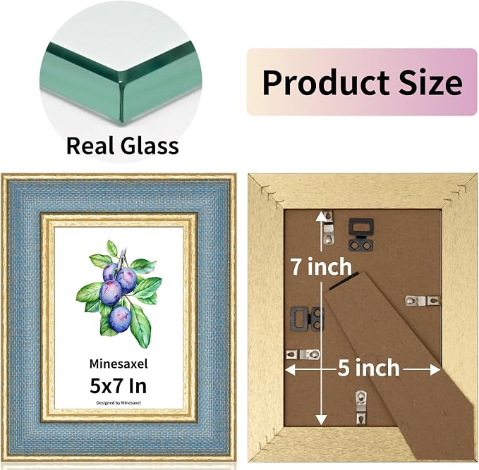 5x7 Picture Frame - Sky Blue Fabric & Vintage Gold Border HD Real Glass with Easel for Tabletop/Wall (Family Photos, Coastal Decor 1 Pack)