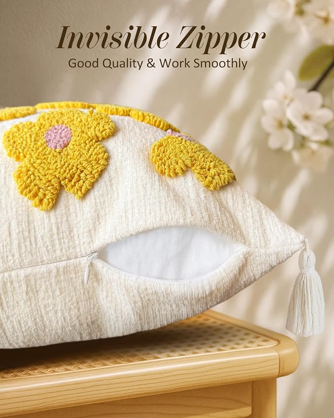 Throw Pillow Covers 18x18 - Tufted Decorative Pillow Cover with Zipper for Couch Sofa Bed Living Room Home Decor Aesthetic Soft Spring Summer Farmhouse Tassels Indoor Pillowcase, Yellow Flower