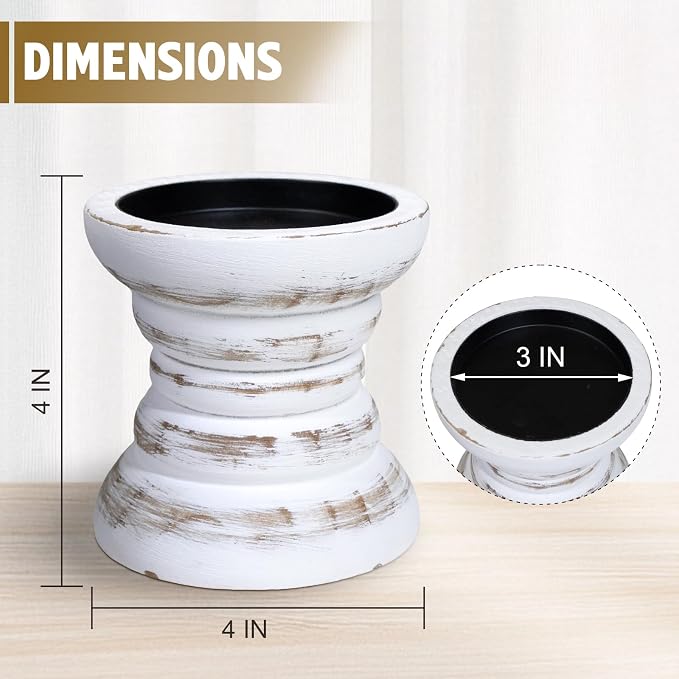 Pillar Candle Holder, Farmhouse Wood Candle Holder, Rustic Wooden Candle Stand, Vintage Small Wooden Candlestick Holders for Living Room, Table Centerpiece, White