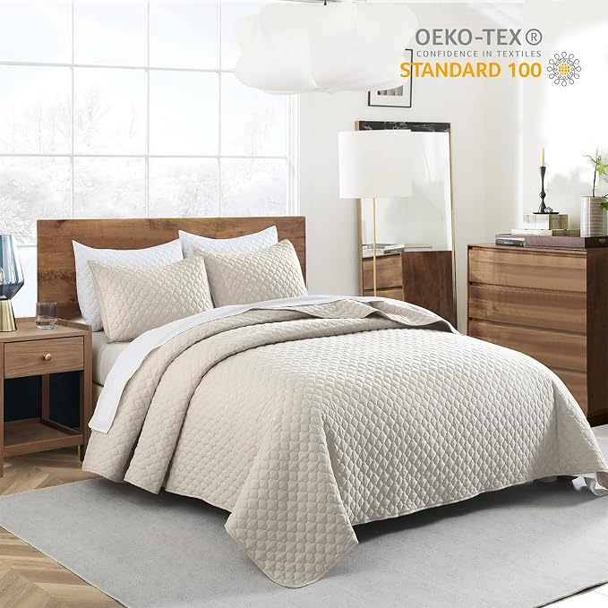 HORIMOTE HOME Quilt Set King Size Beige Bedspread, Modern Style Quilted Clouds Pattern Soft Coverlet Set Lightweight Microfiber Quilted Bedspread for All Season