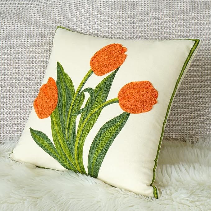 vctops Farmhouse Tulip Cotton Tufted Throw Pillow Cover Spring Floral Embroidery Pillowcase Soft Square Cushion Case for Sofa Couch Bed Chair (Orange,18"x18")