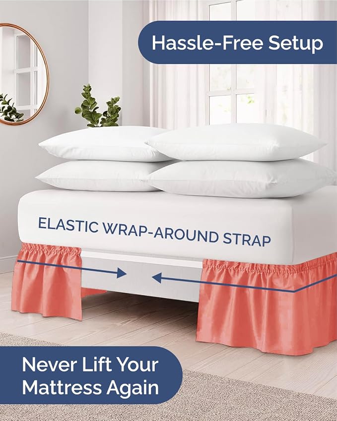 Wrap Around Dust Ruffle Bed Skirt, King Size Beds - 24 Inch Drop, Coral | Easy Fit Elastic Strap, Adjustable Pleated Bedskirt w/Brushed Fabric, Wrinkle & Fade Free, for Women, Men, Kids & Teens