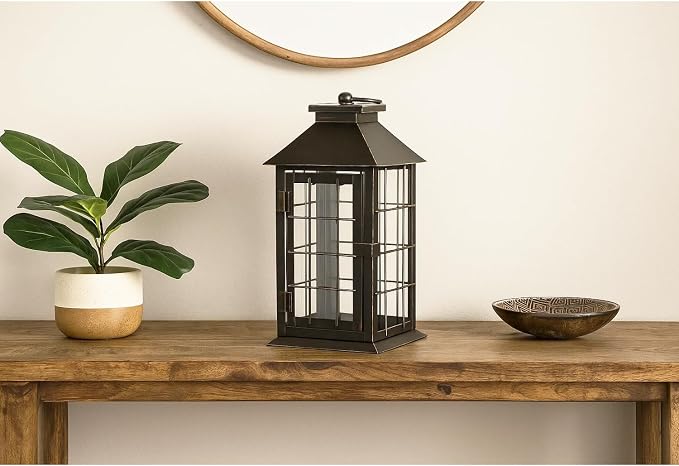Seraphic 11" Rustic Decorative Candle Lantern – Vintage Metal & Glass Holder for Pillar Candles – Farmhouse Tabletop & Hanging Lantern for Indoor or Patio Decor, Bronze Brushed