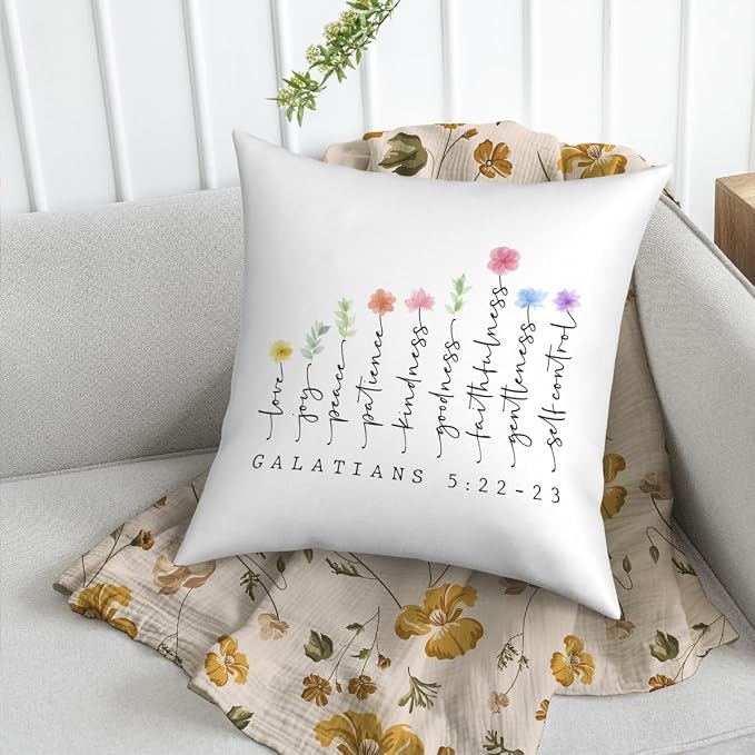 Fokongna Bible Verse Pillowcase 5:22-23 The Fruit Christian Faith Decor Script 18 x 18 Inch Throw Pillow Covers for Bedroom Living Room Couch Bed Sofa, Floral Decor Pillowcase