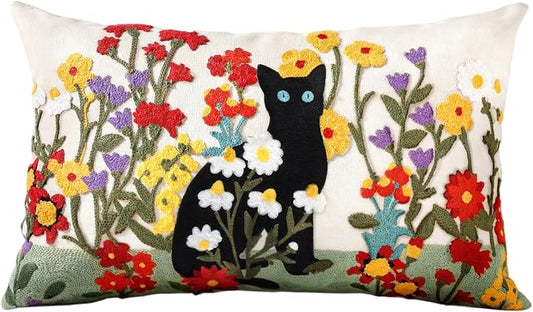 Embroidered Lumbar Pillow Cover - 20x12 Decorative Pillow Cover with Zipper Aesthetic Cute Design Boho Spring Summer Throw Pillowcase for Living Room Couch Sofa Bed, Flower Cats
