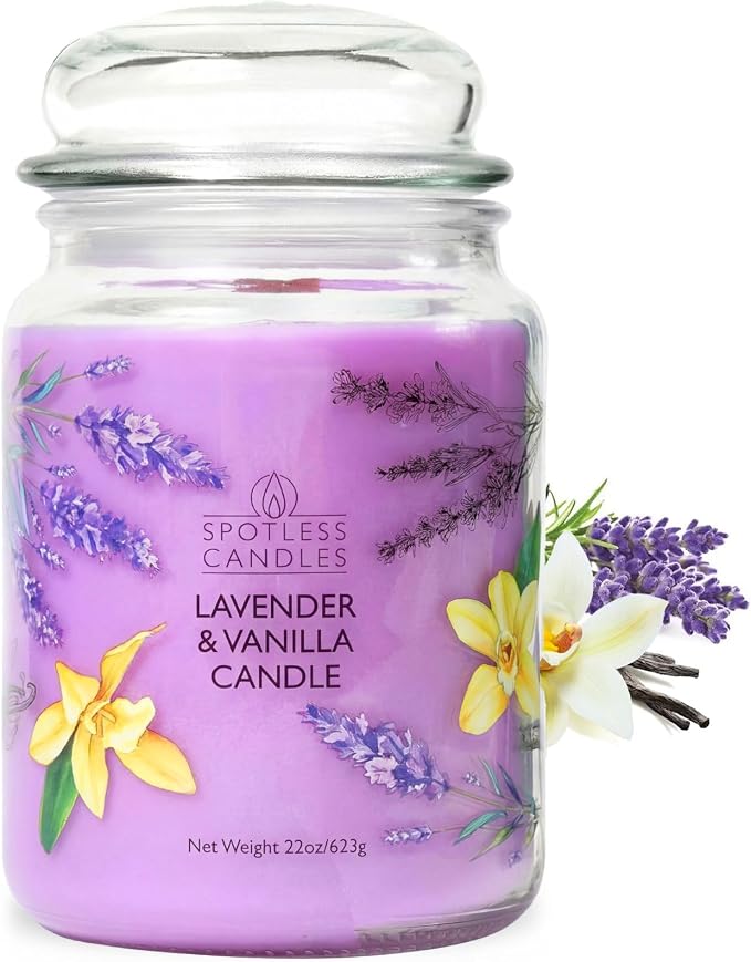 Vanilla & Lavender Candle 22oz Glass Jar with Wooden Wick in a Decorated Jar Within a Presentation Gift Box and Protective Shipping Box