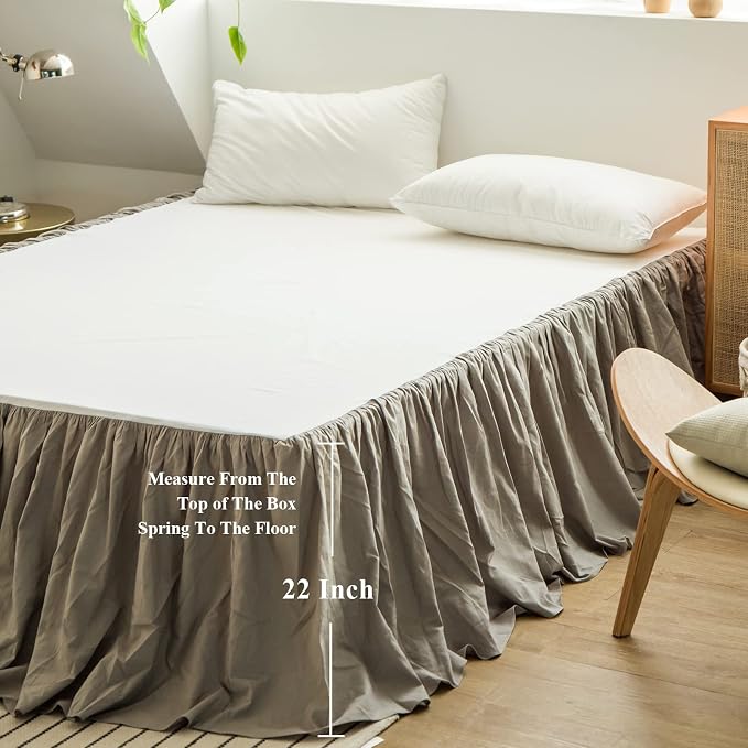 BISELINA French Linen Bed Skirt with Pleated Frills 22-Inch Tailored Drop Natural Flax Cotton Blend Dust Ruffle Soft Cozy Farmhouse Bedding (22" Queen, Grey)