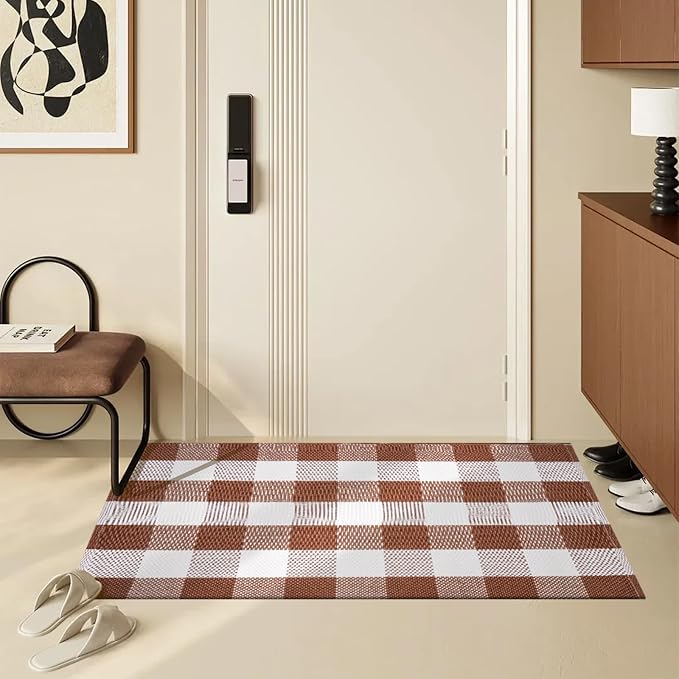 Buffalo Plaid Area Rug 27.5x43 in, Brown White Indoor Outdoor Rug | Cotton Blend, Brown White Checkered, Machine Washable, Front Porch Entryway, Kitchen Bathroom