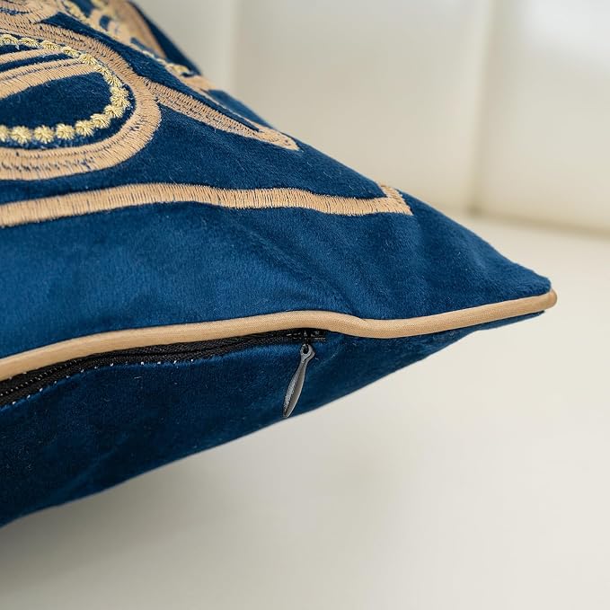 Aeckself European Floral Pillow Cover 18x18 Inch, Luxury Velvet Embroidered Decorative Throw Pillow Cover for Couch Bedroom Living Room, Navy Blue and Gold, Yw-OBYG-Blue4545