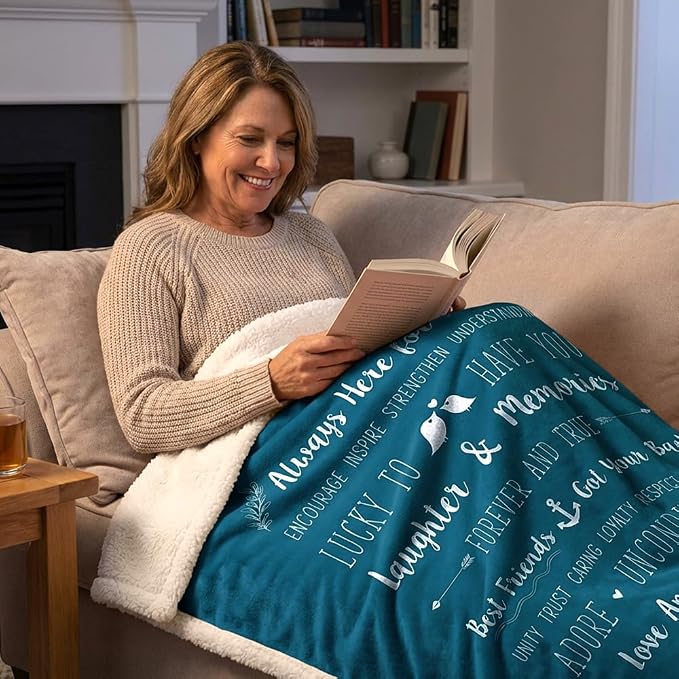 PAVILIA Best Friend Blanket - Friendship Gifts for Women, Soul Sister & Long Distance Bestie Gift, Soft Cozy Sherpa Throw with Sentimental Quotes, BFF Birthday Gift Idea, Teal Sea Blue