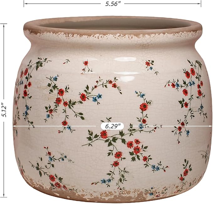 Cottagecore Ceramic Plant Pots, 6.29" French Country Floral Vase & Planters | Distressed Cottage Farmhouse Home Decor for Balcony Bookshelf Table Centerpieces, Grandma Core Aesthetic, Gifts for Grandma