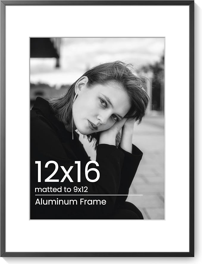 12x16 Picture Frame Black, Aluminum Metal 12 x 16 Frame with Removable Mat, 12 by 16 Black Photo Frame Matted to 9x12 Photo, Real Tempered Glass for Home and Office Gallery Wall, 1 Pack