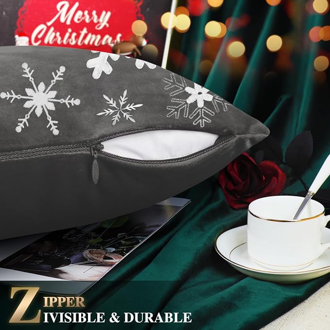 BRAWARM Christmas Pillow Cover 20 X 20 Inches, Gray Snowflake Embroidered Pillow Cover, Soft Velvet Decorative Throw Pillow for Couch Bed Sofa Living Room Home