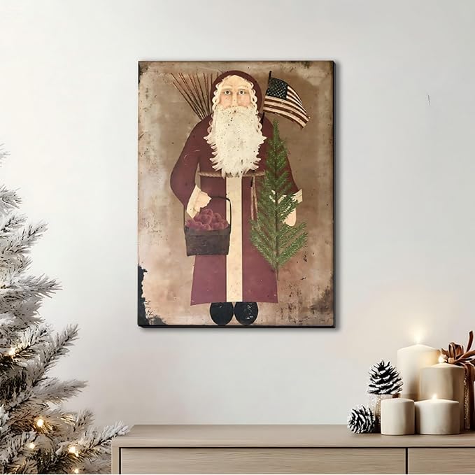 FLZYKGPA Retro Christmas Wall Art Prints 12x18in, Santa Claus Christmas Holiday Canvas, Winter Farmhouse Christmas Poster, Christmas Gallery Wall Decor, Vintage Christmas Decor for Holiday