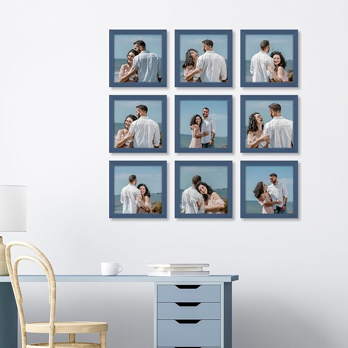 YESKAY 8x8 Picture Frame Set of 9, Photo Gallery Wall Frame Set, Display Pictures 4x4 with Mat or 8 x 8 Without Mat, Square Frame Picture Frames Collage Wall Decor, Blue