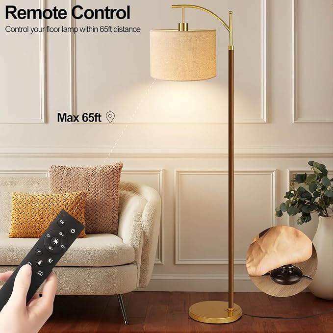 ILLMTW Wood Floor Lamp for Living Room,Bedroom,Vintage Mid Century Modern Standing Lamp with Remote Dimmable,Arc Boho Gold Tall Lamp Fabric Lamp Shade Floor Lights Bohemian Tiffany Style