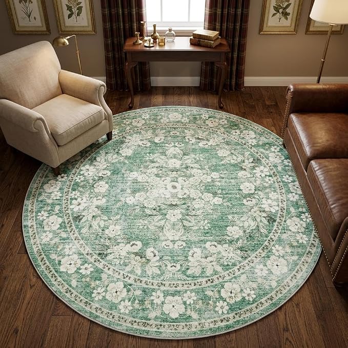 GarveeHome 6ft Round Rug for Living Room Vintage Flower Bordered Carpet | Distressed Floral Botanical Bedroom Rug Machine Washable Non-Slip Sage Green Area Rug for Conference Room Nursery Room