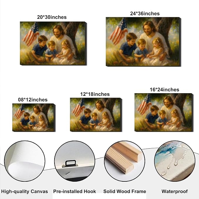 RIBNTAK Made in USA Patriotic Christian Wall Art, Jesus with Kids and US Flag Canvas Print, Inspirational Religious Home Decor for 4th of July, Memorial Day, and Christian Family Gifts