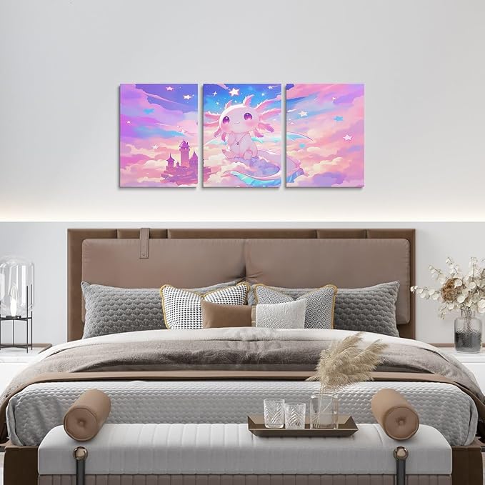 Feelyou Kids Cute Axolotl Picture Wall Decor Galaxy Cloud Wall Painting Posters Cartoon Animal Canvas Wall Art for Living Room Bedroom Boys Girls Dreamy Starry Teens Bathroom Wall Art 12"x16"x 3Pcs
