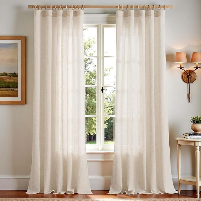 jinchan Linen Curtains Light Filtering Back Tab 50x120 Inch 2 Panels Beige | Semi Sheer Curtains 120 inch length for Bedroom Living Room, Modern Farmhouse Drapes with Rod Pocket, Natural Boho Curtains