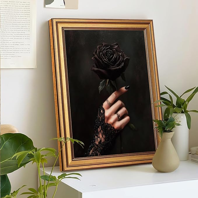 Vintage Gold Framed Wall Art Dark Academia Gothic Black Rose Wall Decor Picture Romantic Victorian Witchy Aesthetic Poster Dark Halloween Print for Gallery Living Room Bedroom Home Decoration 12x16in
