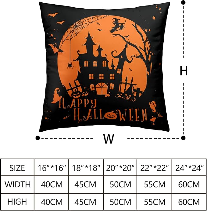 Set of 2 Decorative Throw Pillows - 24x24 Orange and Black Witch, Bat, Spider Web, Ghost Halloween Pillow Covers for Bed, Sofa, Couch