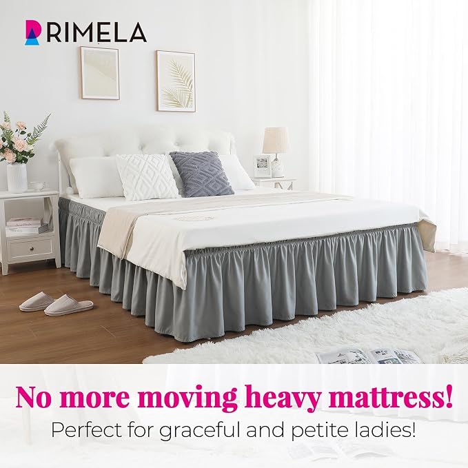 Grey Bed Skirt Queen Size 18 Inch Drop, Elastic Wrap Around Bedskirt | Solid Ruffled, Easy to Use, No Mattress Lifting, Wrinkle & Fade Resistant, with Adhesive Strips, Machine Wash/Dry/Iron