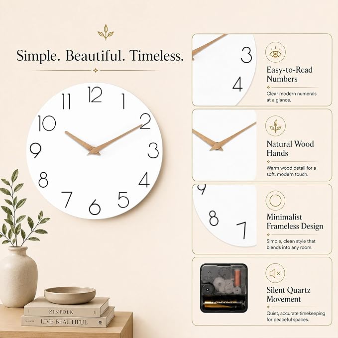 cicininc 12 Inch Battery Operated Wall Clock, Silent Analog, White | Kitchen | Office | Bedroom | Modern Style | Easy-to-read Numbers