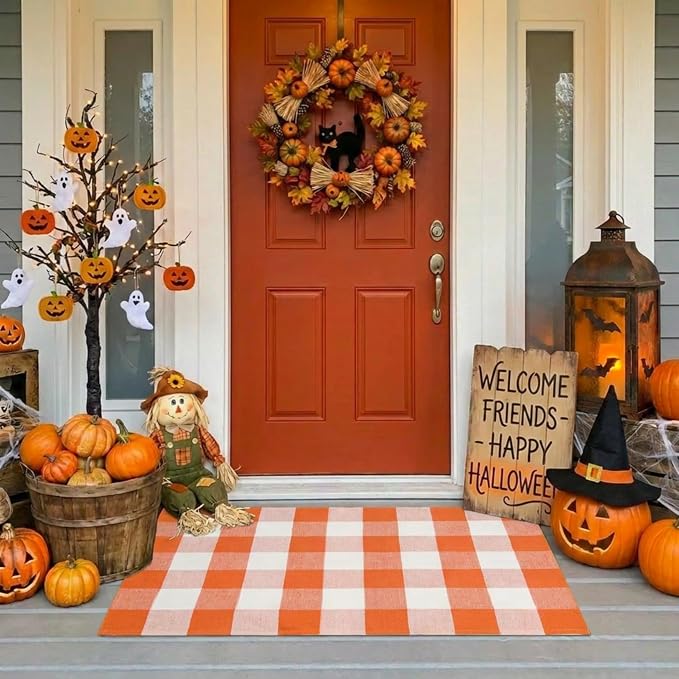 SEEKSEE Buffalo Plaid Outdoor Rug 27.5x43 Orange and White Front Door Mat, Layering Rug for Porch, Halloween Doormat, Front Porch Rug for Outdoor Entrance Entryway Patio Porch Decor