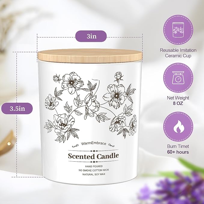 WarmEmbrace Deluxe Scented Candle for Women & Men, Lavender, 8 Oz | Soy Wax Jar Candle, Up To 60 Hours Of Burn Time& A Reusable Ceramic-Style Jar For Home Decor Or Gifting