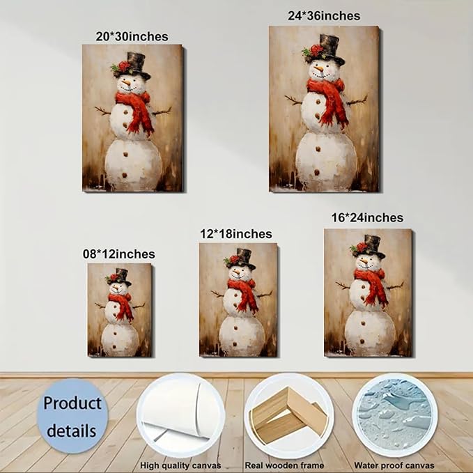 Rustic Snowman Christmas Wall Art 24x36in, Framed Christmas Pictures for Bedroom & Bathroom Wall Decorations, Farmhouse Winter Scene Painting Canvas Prints for Living Room