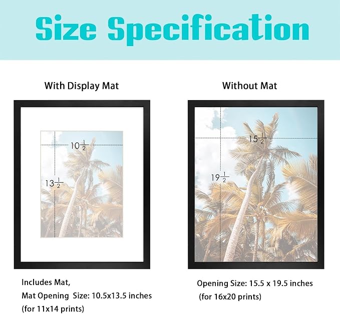 Frametory 16x20 Black Picture Frame with Real Glass Mat for 11x14