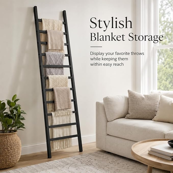 FUIN Blanket Ladder, 24 in Wide 11-Rung Solid Wood Rustic Decor Rack, Black | 11 rungs and 24in wide, Solid wood visible grain, Angled lean-to design, Anti-slip support, Living room and bathroom use