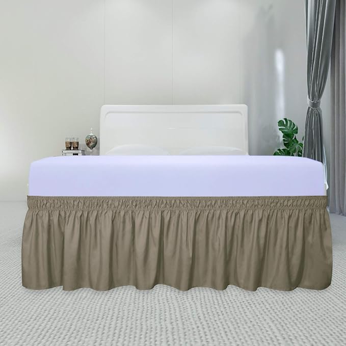 PureFit Wrap Around Ruffled Bed Skirt, Sand, Queen/King - 14" Drop | Wrinkle Free Bedskirt Dust Ruffles, Easy to Put On Frame Cover with Adjustable Elastic Belt