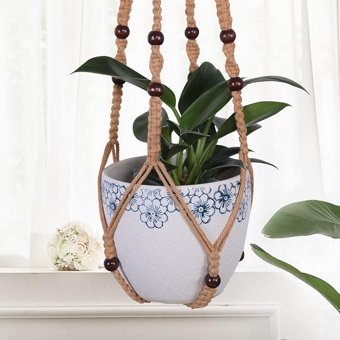 Macrame Plant Hangers with Beads for Indoor and Outdoor, 3 Pack