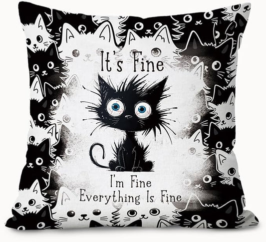 Funny Black Cat Pillow Covers 18x18, Black Cat Decor, It's Fine I'm Fine Everything is Fine Decorative Throw Pillow Covers Pillowcases for Bedroom Living Room Home Decor