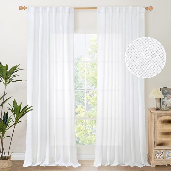 YoungsTex White Linen Semi Sheer Curtains 95 Inches Long 2 Panels Set | Light Filtering Drapes with Rod Pocket Back Tab Floor Length for Bedroom Living Room Window, 52 X 95 Inch