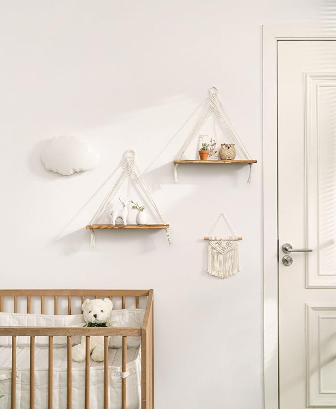 Mkono Macrame Hanging Shelves Boho Wall Decor Set of 2 Floating Wood Shelf