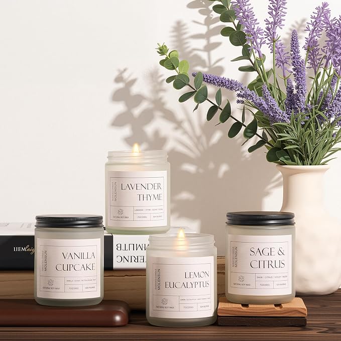 Molensun 4 Pack Candles for Home Scented, 28 oz Long Lasting Candles, Soy Candle Set Gift for Women - Scents of Lemon Eucalyptus/Vanilla Cupcake/Sage &Citrus/Lavender Thyme
