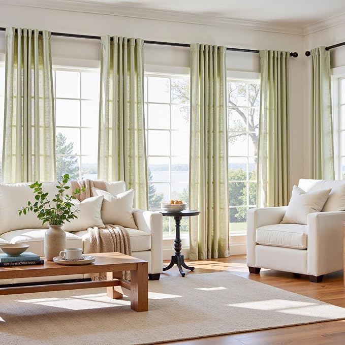 jinchan Linen Curtains Light Filtering Back Tab 50x90 Inch 2 Panels Green | Semi Sheer Curtains 90 inch length for Bedroom Living Room, Modern Farmhouse Drapes with Rod Pocket, Natural Boho Curtains