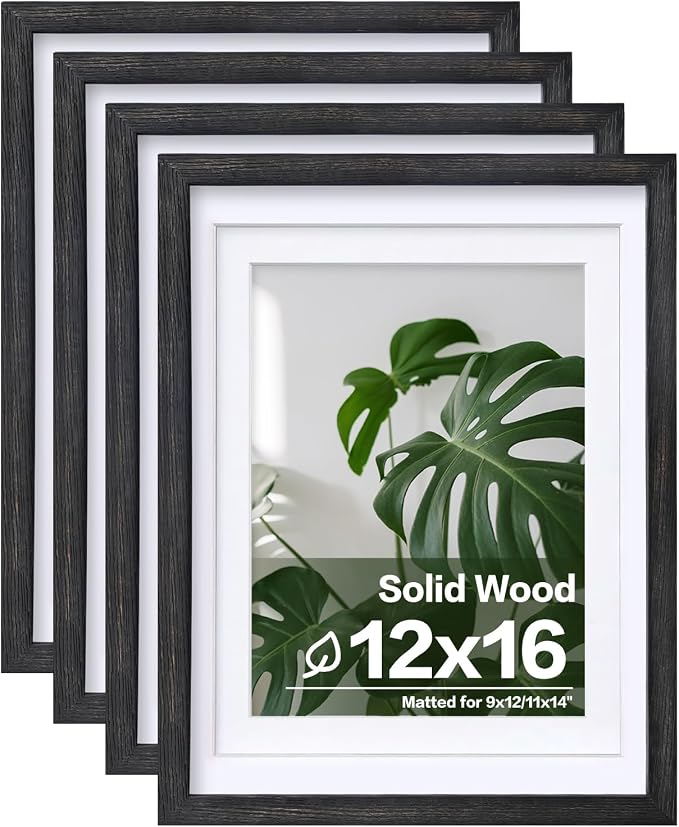 Egofine 12x16 Picture Frames Set of 4, Made of Solid Wood Covered by Plexiglass 9x12 and 11x14 with Mat or 12x16 without Mat, for Wall Mounting Photo Frame, Driftwood Black