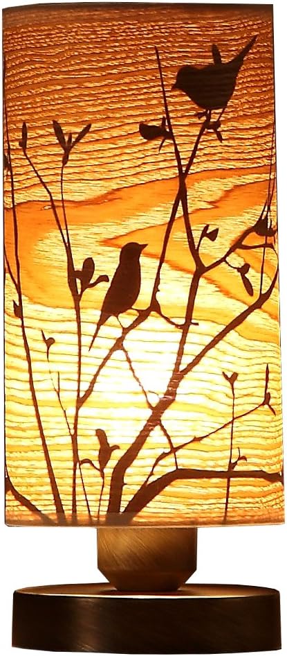 Bieye L10272 Birds in The Tree Wooden Style Table Lamp Night Light with Wood Lampshade Bronze Metal Base for Bedside Bedroom Living Room, Cylinder-Shaped (Bronze)
