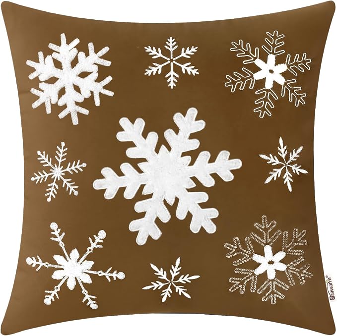 BRAWARM Christmas Pillow Cover 20 X 20 Inches, Brown Snowflake Embroidered Pillow Cover, Soft Velvet Decorative Throw Pillow for Couch Bed Sofa Living Room Home