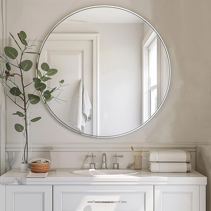 Small Round Mirror, 16 inch Nickel Circle Mirror with Metal Frame | High Definition Mirror, Waterproof, Easy Installation, Circular Mirrors for Vanity, Nursery, Bedroom, Wall Décor