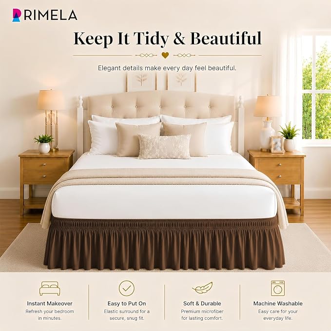Brown Bed Skirt King Size 18 Inch Drop, Elastic Wrap Around Bedskirt | Solid Ruffled, Easy to Use, No Mattress Lifting, Wrinkle & Fade Resistant, with Adhesive Strips, Machine Wash/Dry/Iron